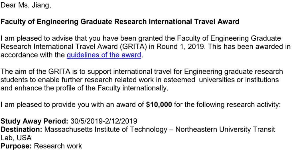 Faculty of Engineering Graduate Research International Travel Award